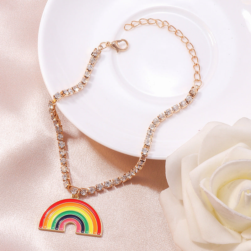 Simple Style Claw Chain Inlaid Rhinestone Rainbow Anklet