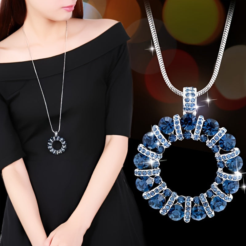 O-Shape Necklace Rhinestone Inlay Pendant, Stylish Sweater Chain
