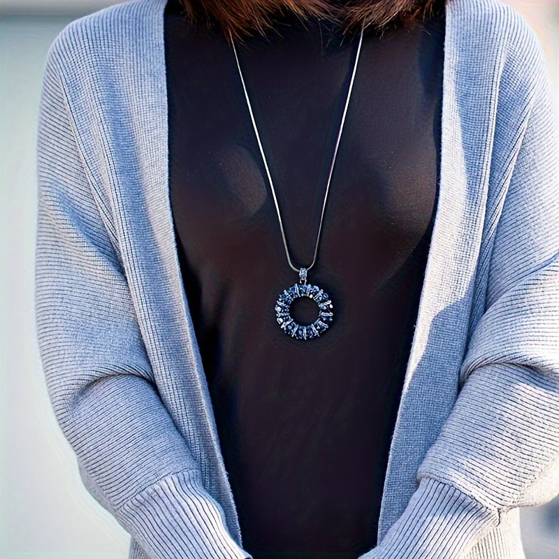 O-Shape Necklace Rhinestone Inlay Pendant, Stylish Sweater Chain