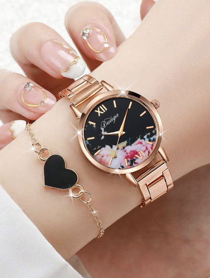 Rose Gold Quartz Watch & Bracelet Jewelry Set