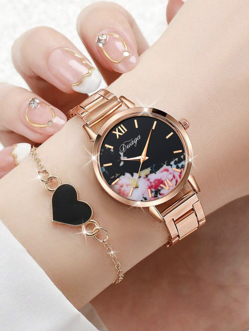 Rose Gold Quartz Watch & Bracelet Jewelry Set (2pc)