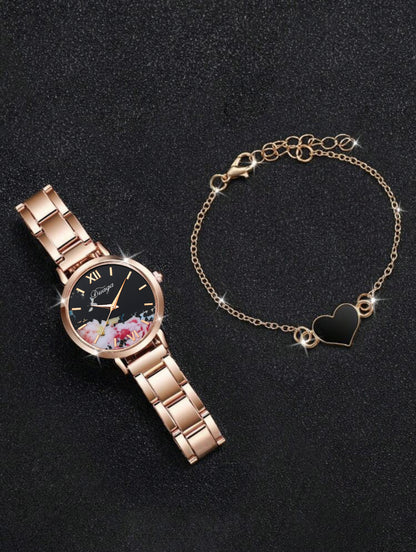 Rose Gold Quartz Watch & Bracelet Jewelry Set