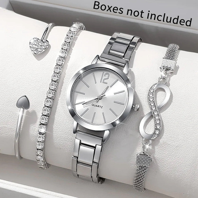 Women’s Silver Quartz Watch Jewelry Set With