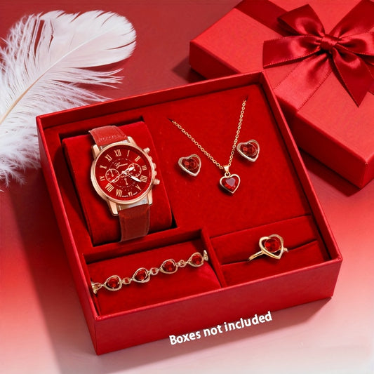 Women’s Red Five Piece Watch Jewelry Set With Round Dial, Quartz Movement