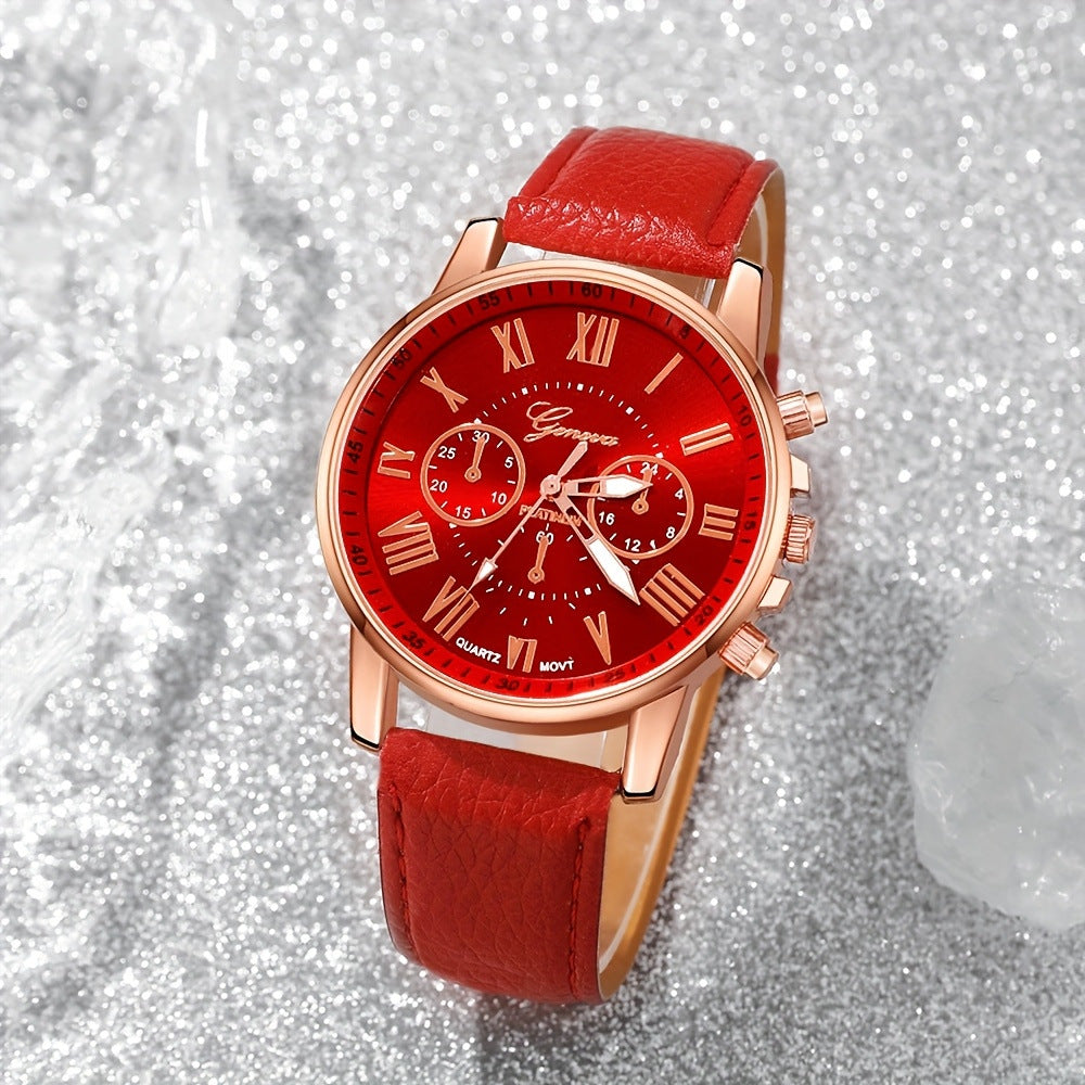 Women’s Red Five Piece Watch Jewelry Set With Round Dial, Quartz Movement