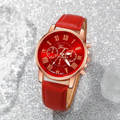Women’s Red Five Piece Watch Jewelry Set With Round Dial, Quartz Movement