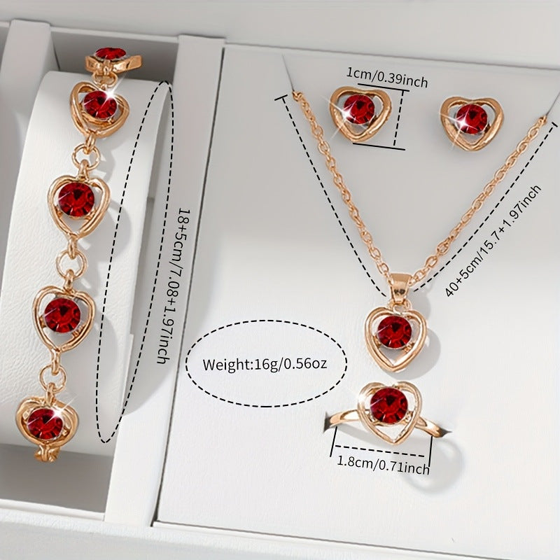 Women’s Red Five Piece Watch Jewelry Set With Round Dial, Quartz Movement