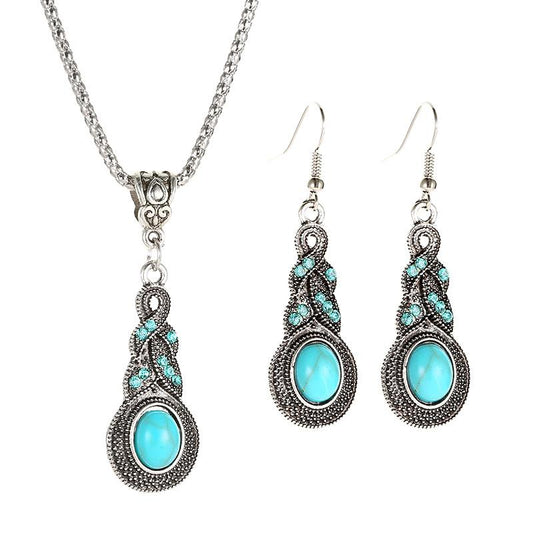New Retro Pattern Blue Crystal Inlaid Turquoise Earrings Necklace Set