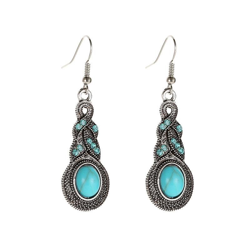 New Retro Pattern Blue Crystal Inlaid Turquoise Earrings Necklace Set