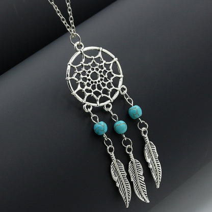Boho Turquoise Necklace – Tassel Feather Dreamcatcher Beach Jewelry