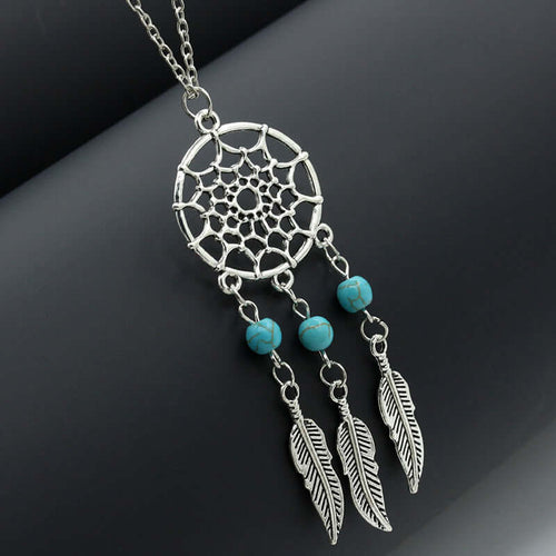 Boho Turquoise Necklace – Tassel Feather Dreamcatcher Beach Jewelry