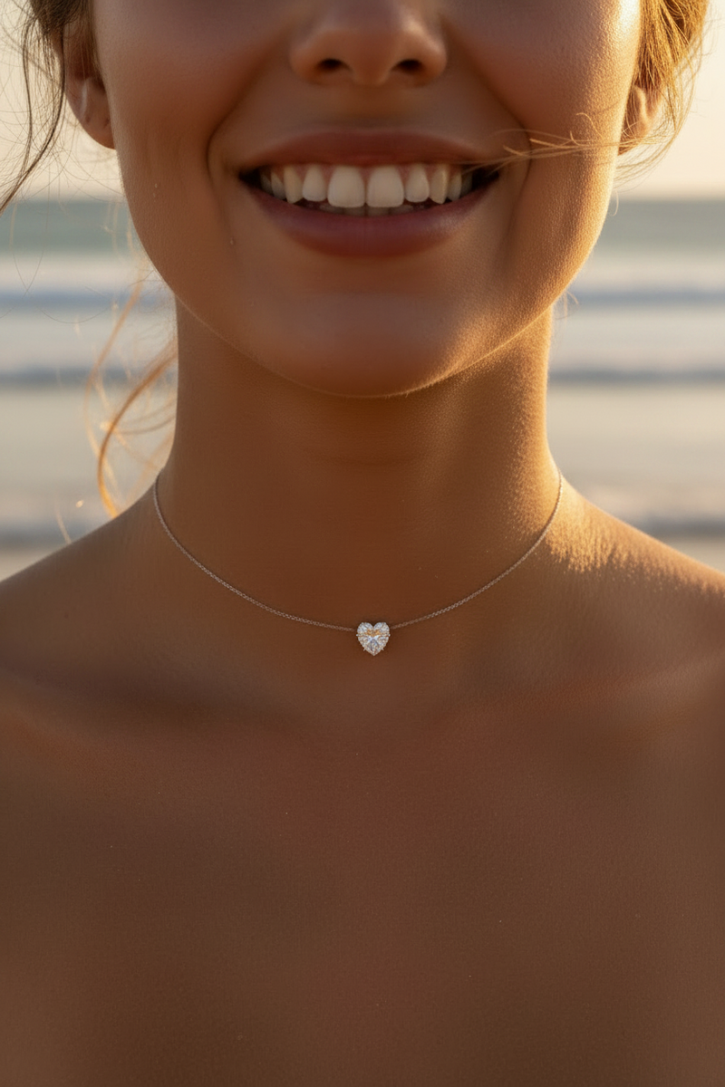 Floating Cubic Zirconia Heart Illusion Choker