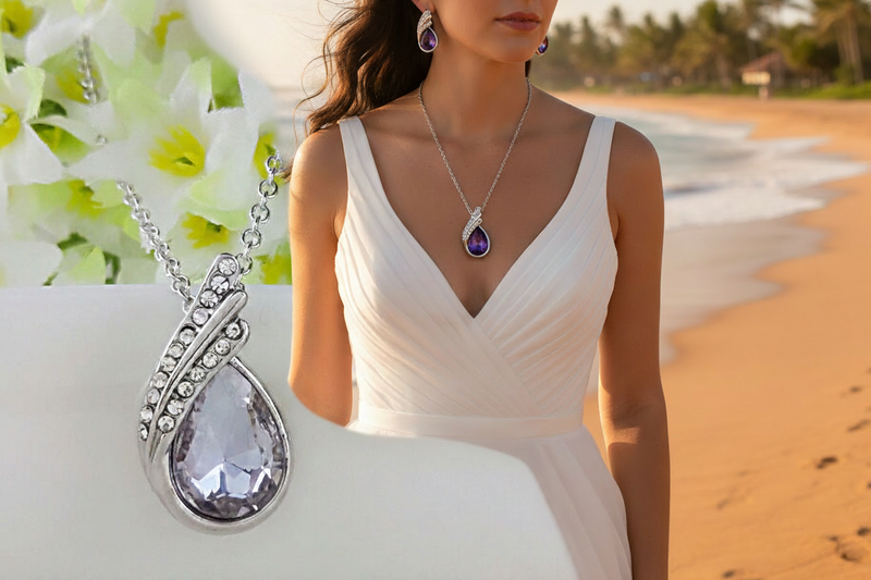 Purple crystal necklace and earring set at a beach wedding