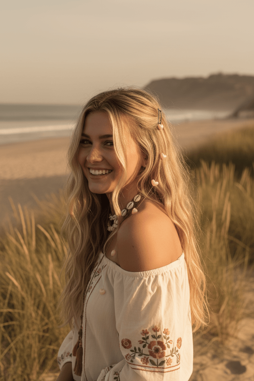 Lifestyle summer photo of pink heart tassel hair clip