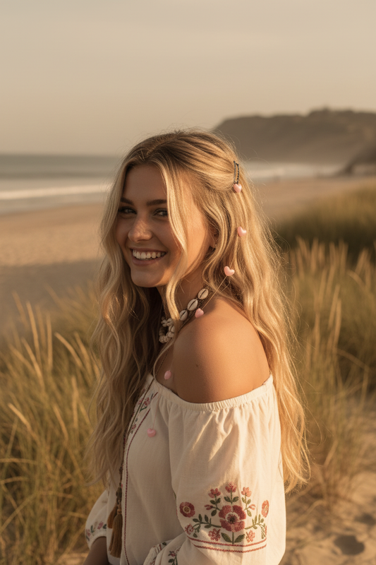 Lifestyle summer photo of pink heart tassel hair clip
