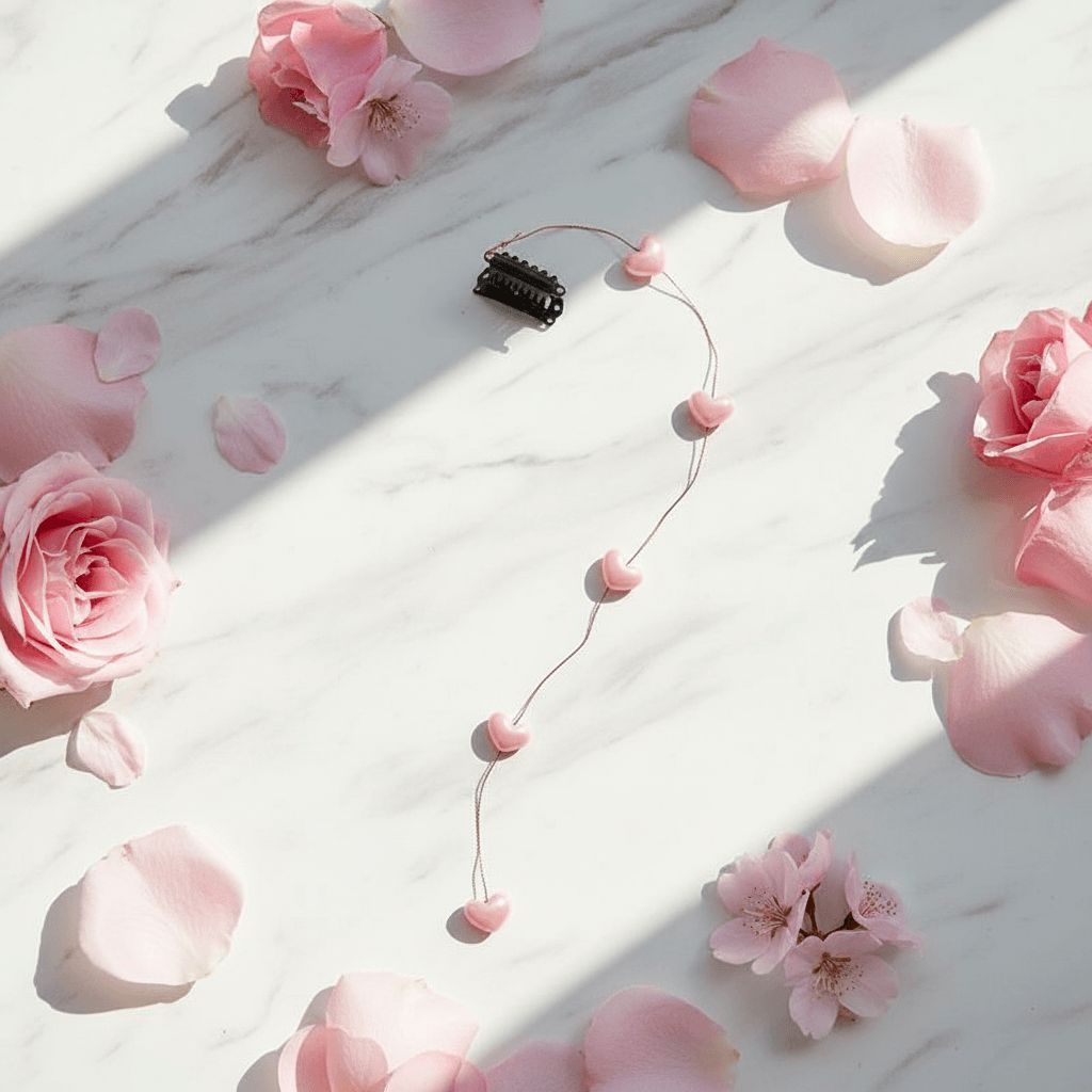 Flat lay of pink heart tassel hair clip on white marble