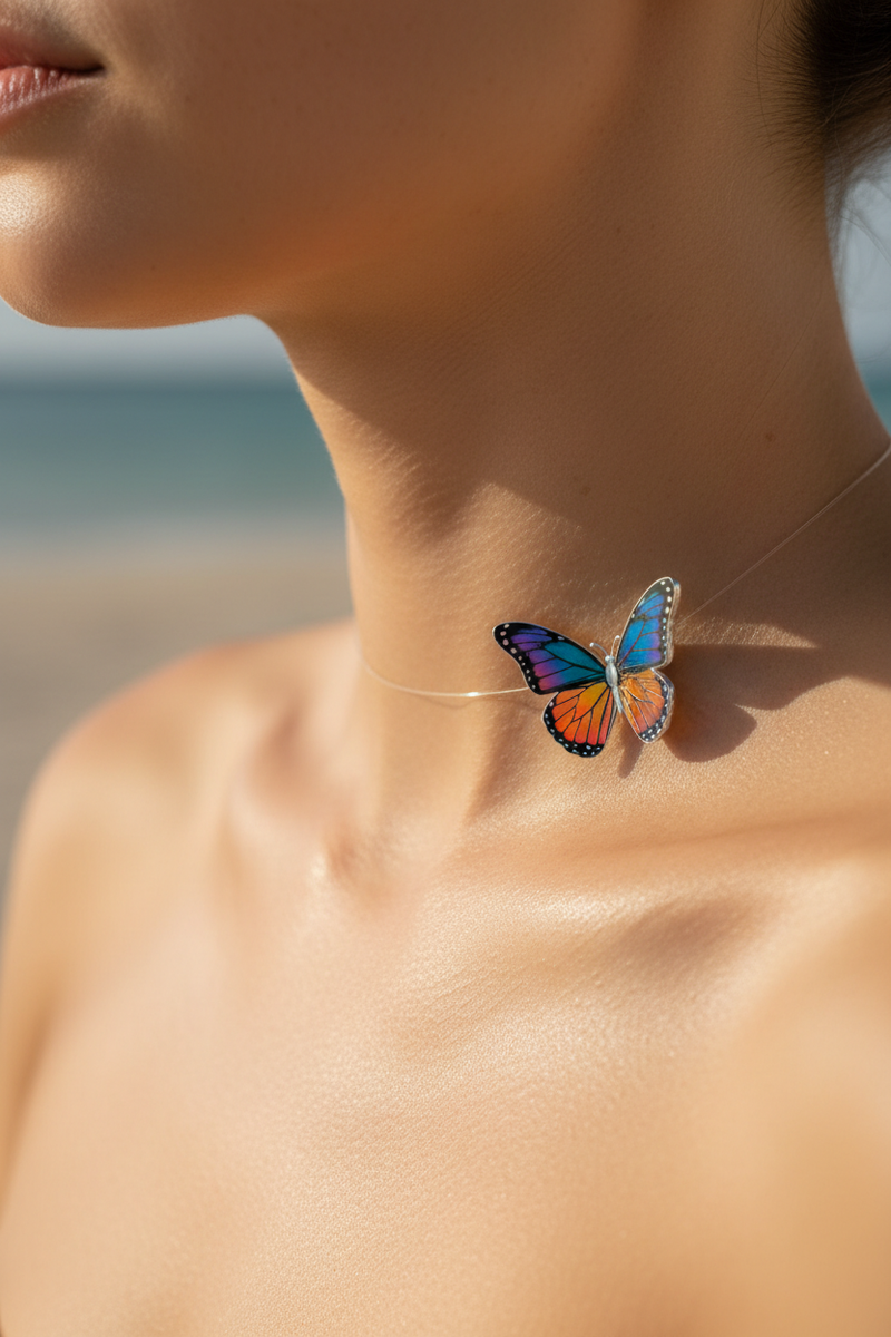 Multi-color illusion butterfly choker necklace with a butterfly charm resting on the side of the neck