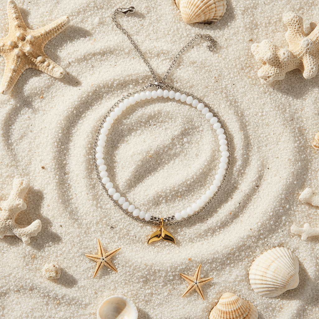 Flat lay of boho bead fishtail anklet on sand with seashells