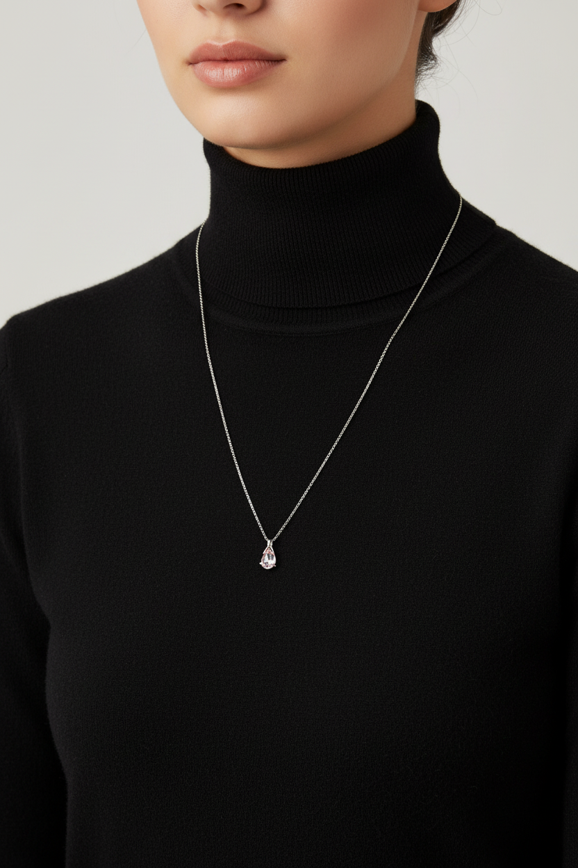 Long Zircon Sweater Chain Necklace - Very Small Pendant Turtleneck