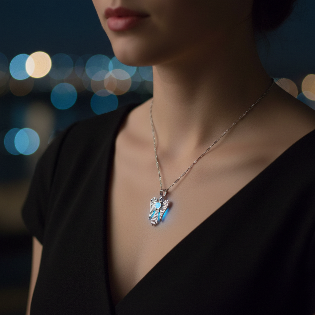 Luminous Angel Wing Pendant lifestyle image using the actual product reference