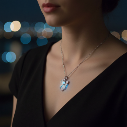 Luminous Angel Wing Pendant lifestyle image using the actual product reference
