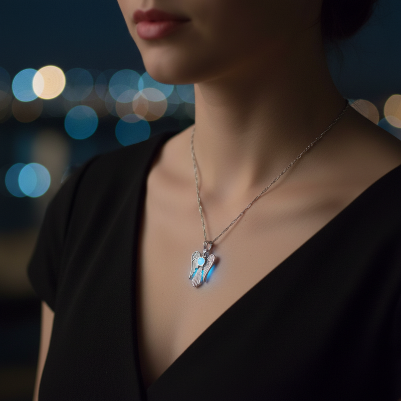 Luminous Angel Wing Pendant lifestyle image using the actual product reference