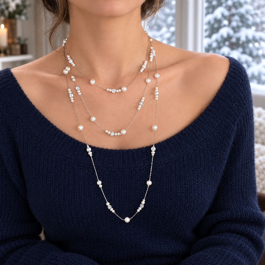 Model wearing the necklace with a dark blue sweater