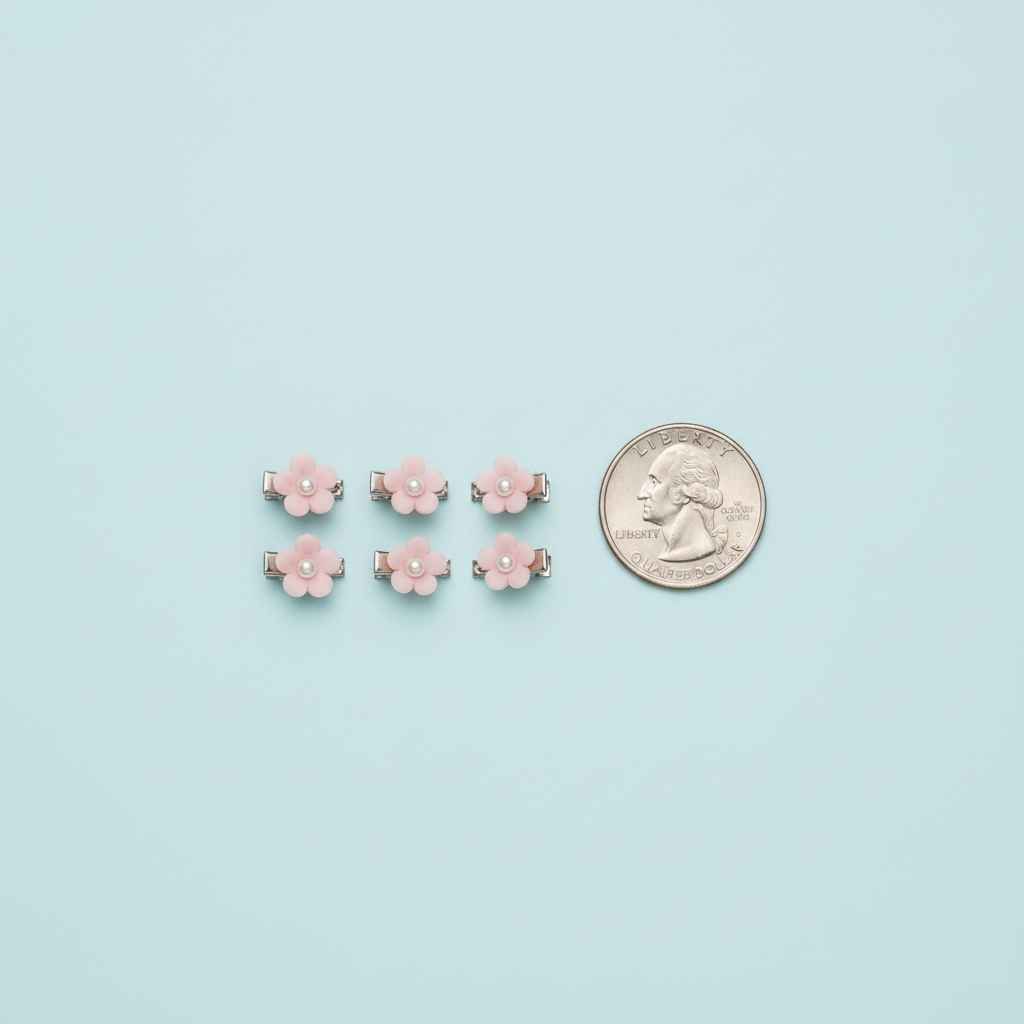 Pink Flower Hair Clips - Coin Size Comparison