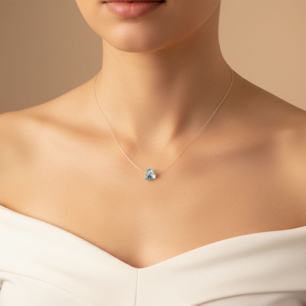 Model wearing a small pale blue triangular prism pendant on a clear illusion necklace cord.