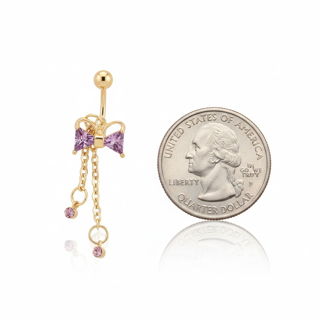 Purple Bow Belly Ring Size Comparison with Quarter