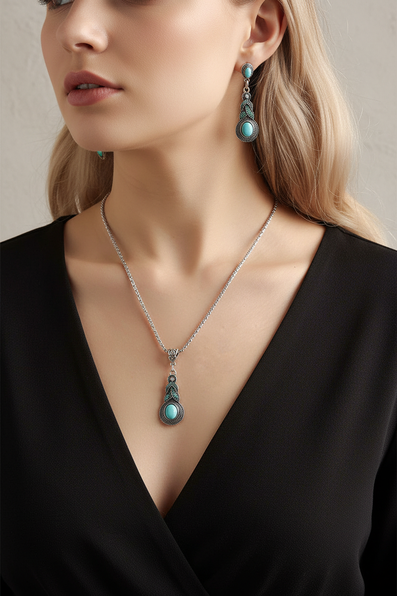 Retro Turquoise Necklace Set - V-Neck Top