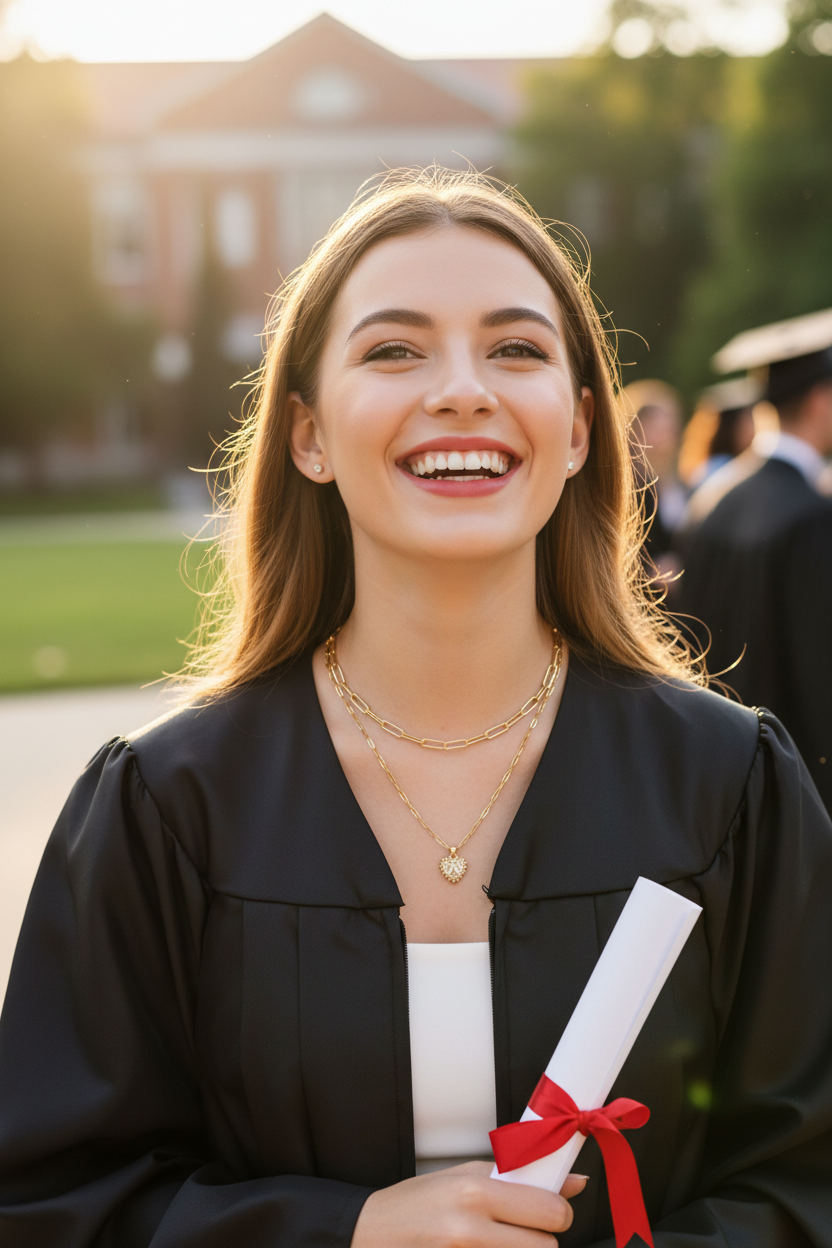 Woman at College Graduation Wearing Y2K Letter Necklace