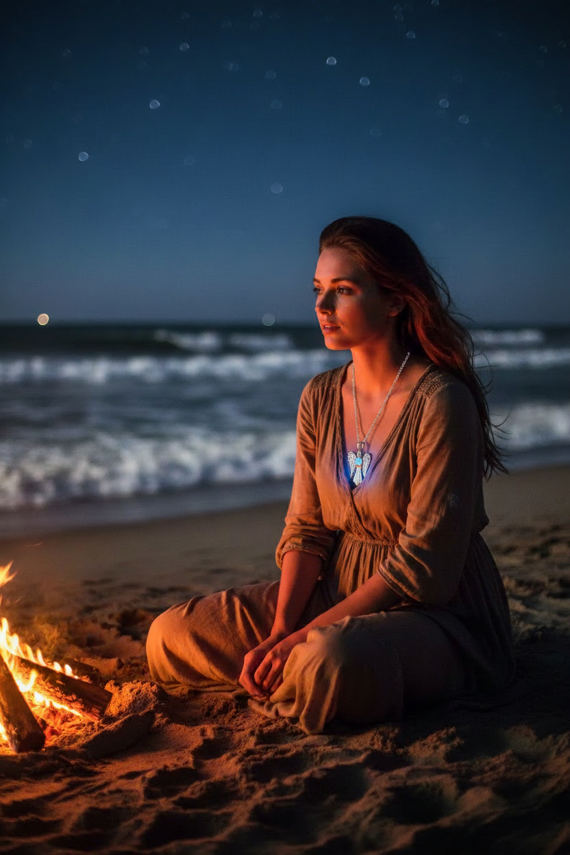 Woman Facing Camera at Beach Bonfire - Angel Wing Necklace
