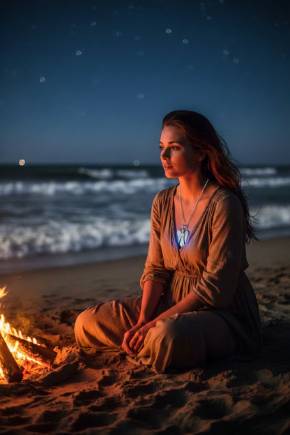 Woman Facing Camera at Beach Bonfire - Angel Wing Necklace