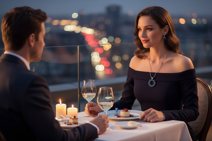 Woman wearing a smaller, delicate version of the pendant on a date
