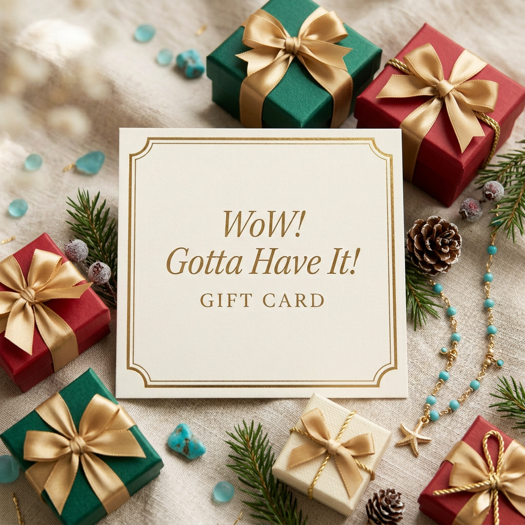 “WoW! Gotta Have It! gift card surrounded by red and green gift boxes with gold bows, pine sprigs, and turquoise-colored jewelry.”