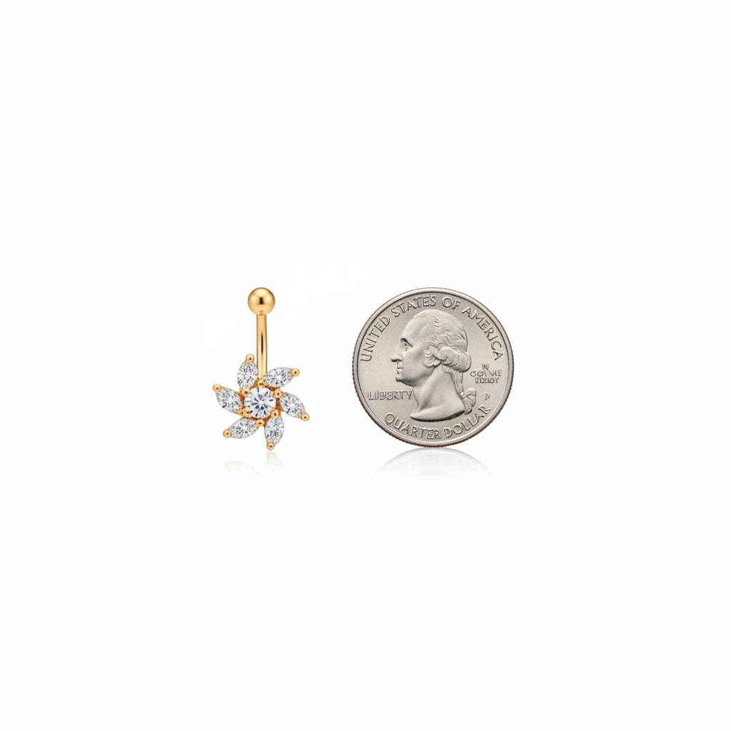 Zircon Flower Belly Ring Size Comparison with Quarter
