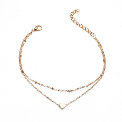 Gold Heart Charm Anklet — Double-Layer