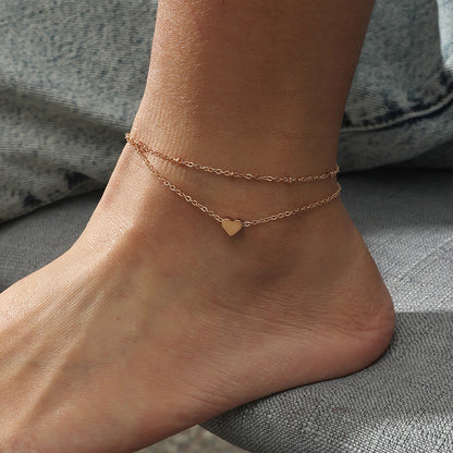 Gold Heart Charm Anklet — Double-Layer