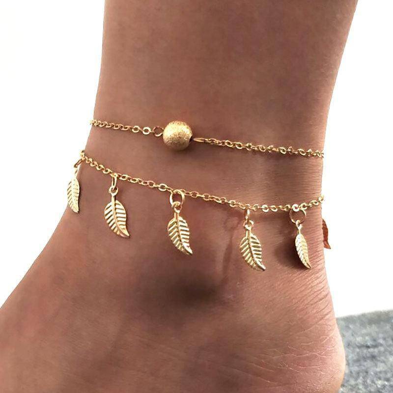 Foliage Footwear Simple Double Tassel Women's Small Leaf Anklet (Silver) - WoW! Gotta Have It!